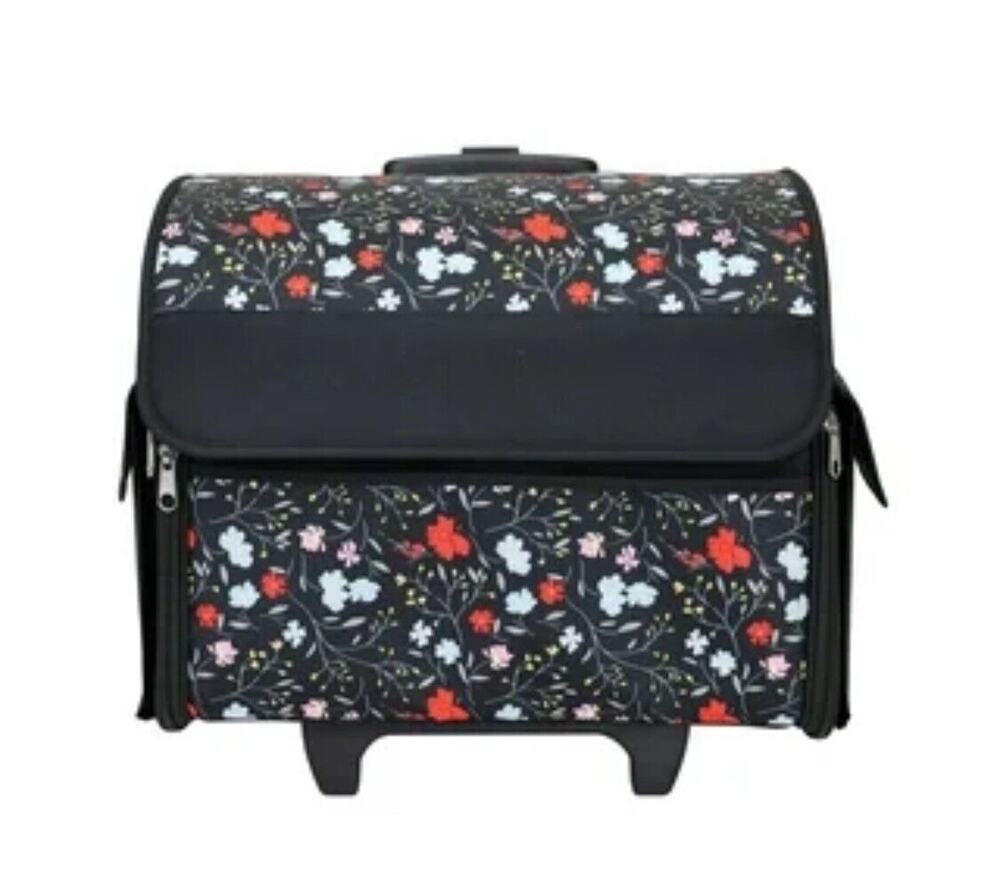 Rolling Sewing Craft Trolley Bag Black Floral Craft Organizer on Wheels New